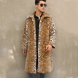 Men's stylish leopard print faux fur coat with lapel collar for winter warmth