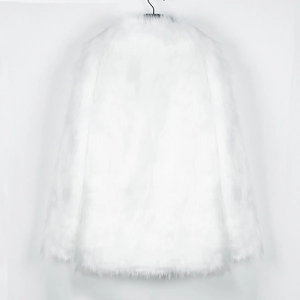 Detailed close-up showing the soft texture and fluffy white faux fur fabric of this coat