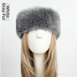 Detail view of white grey faux fur headband for women with soft fluffy texture for winter