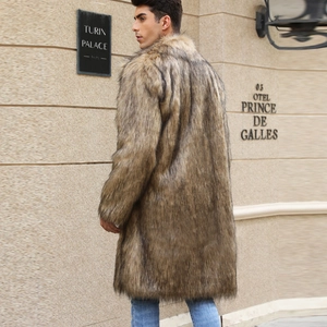 Manteau long d'hiver pour homme en fausse fourrure avec col tailleur marron clair