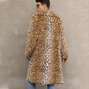 Men's faux fur leopard print coat with a large lapel and thick warm texture back view