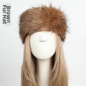 Macro detail of fluffy faux fur headband in brown with black tips on a model
