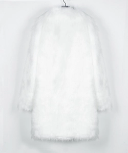 Detail view of the back of a plush white faux fur coat showing soft thick texture