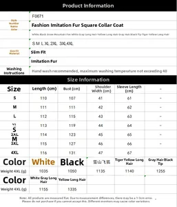 Detailed size chart for men's faux fox fur coat showing measurements from S to 4XL