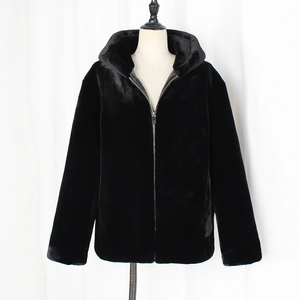 Detailed close-up of premium black faux fur hooded jacket with silver zipper