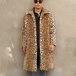 Men Long Leopard Print Faux Fur Coat Suit Collar Winter Warm Streetwear Outerwear Fashion Plus Size Jacket For Men
