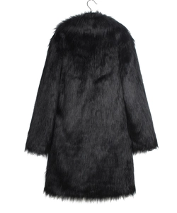 Close-up of premium black faux fox fur texture and high-density plush on winter coat