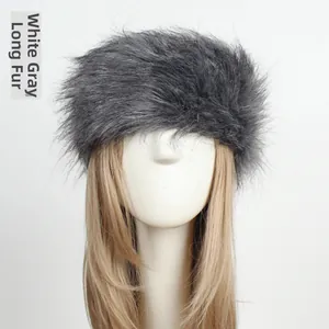 Detail of grey and white long faux fur headband on a mannequin with plush winter texture