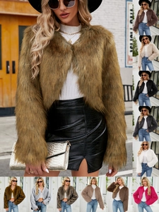 Veste Courte en Fausse Fourrure pour Femme de Luxe Manches Longues Ouverte sur le Devant Manteau d'Hiver Chaud en Fourrure Synthétique Décontracté