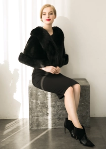 Elegant black faux fox fur shawl with thick plush collar for evening party dress