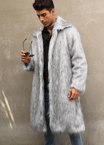 Manteau long homme en fausse fourrure gris-blanc avec grand col, vue extérieure