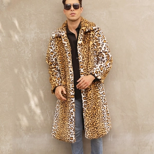 Men's faux fur leopard print long coat with classic lapel collar for autumn and winter fashion