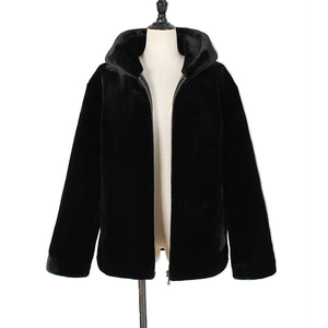 Detailed view of a black plush zip-up hoodie for men featuring soft faux fur texture