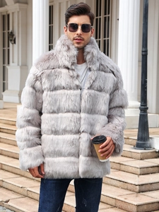 Detail of light gray faux fur coat with horizontal stripe texture and high collar for men