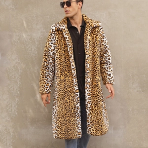 Men's leopard print faux fur overcoat with classic notched lapels for winter warmth