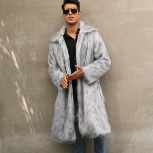 Manteau long en fausse fourrure de renard pour hommes, gris et blanc, grand col