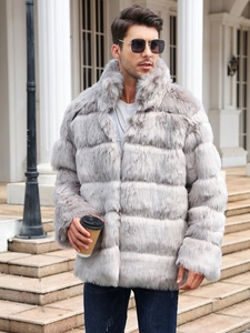 Detail of premium grey faux fur men's coat featuring horizontal tiered texture and stand collar