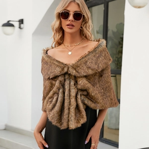 Elegant dark brown faux fur shawl wrap with thick texture for bridal evening dresses