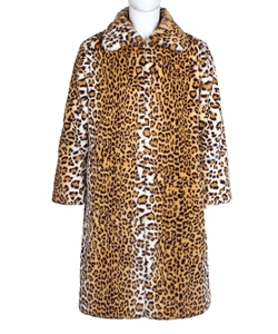 Close-up of luxury leopard print faux fur coat showing soft plush texture and lapel