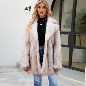 Manteau mi-long chic en fausse fourrure avec col à revers en dégradé marron et blanc