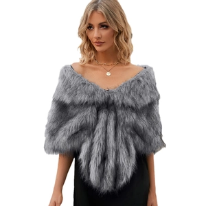 Elegant grey faux fox fur shawl wrap for women over a sleek black dress
