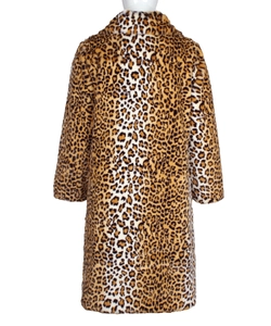 Rear view of long faux fur leopard print coat featuring soft plush texture and wide collar