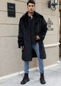 Men's long black faux fur coat with thick collar and knee-length warm design for winter