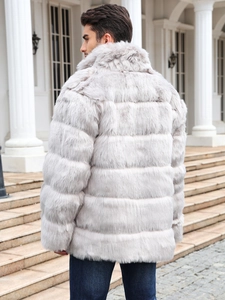 Close-up of premium silver grey faux fur coat featuring a thick horizontal quilted design