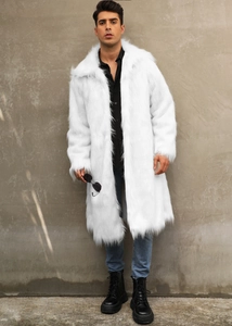 Full length view of men's white faux fox fur coat styled with jeans and boots