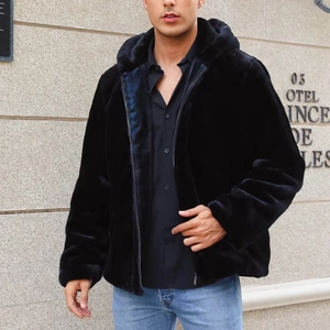 Men's stylish black faux fur hooded jacket with zipper closure for winter fashion wear