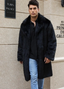 Detail of luxurious black faux fox fur coat for men featuring thick plush texture and lapel