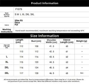 Detailed size chart for long faux fox fur coat showing measurements from S to 3XL