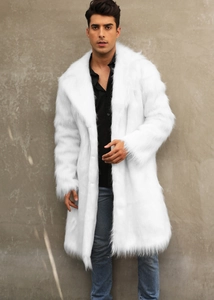 Macro detail of the plush white faux fur texture and wide collar on a men's winter coat