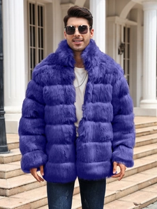 Deep purple men's faux fur coat featuring luxury horizontal striped paneling and a stand collar