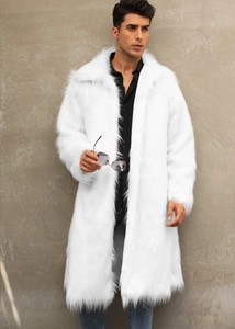 Detail of premium white faux fox fur coat for men featuring high-quality soft texture