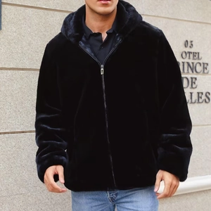 Men's stylish black faux fur hooded jacket with premium metal zipper closure and soft texture
