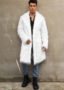 Men's white faux fur overcoat featuring a lapel collar and thick long plush material