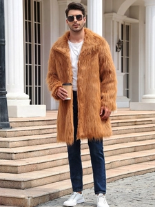 Men's faux fox fur mid-length coat in camel brown featuring a plush and luxurious texture