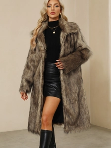 Women's long brown faux fur coat with square collar in a stylish winter luxury look