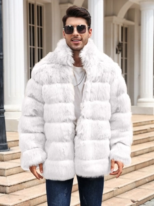 Detail of premium white faux fur texture and horizontal stitching on men's winter coat
