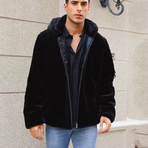 Men's stylish black faux fur hooded jacket with zipper closure for winter fashion