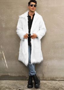 Close-up detail of plush white faux fox fur coat with large lapels and fluffy texture