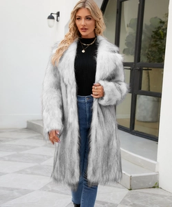 Detail of grey faux fox fur coat featuring classic notched lapels and plush texture