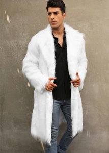 Full-body shot of men's luxury white faux fox fur coat with a stylish notched lapel