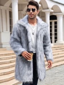 Men's light grey faux fox fur coat in long style with notched lapel and loose fit