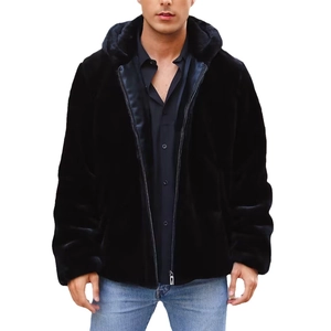 Men's stylish black faux fur hooded jacket with zipper closure for autumn and winter season