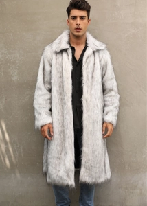 Detail of men's faux fox fur coat featuring grey gradient texture and classic lapel