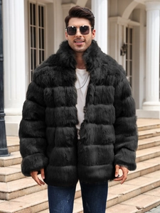 Detail of premium black faux fur coat for men showing thick plush texture and luxury quilting