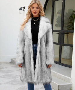 Faux fox fur coat detail showing rich gradient grey texture and notched lapel design