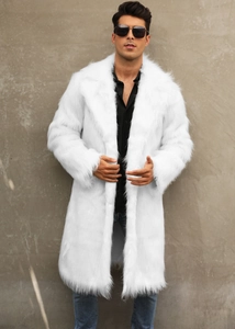 Detail shot of men's long white faux fox fur coat featuring a stylish large lapel design